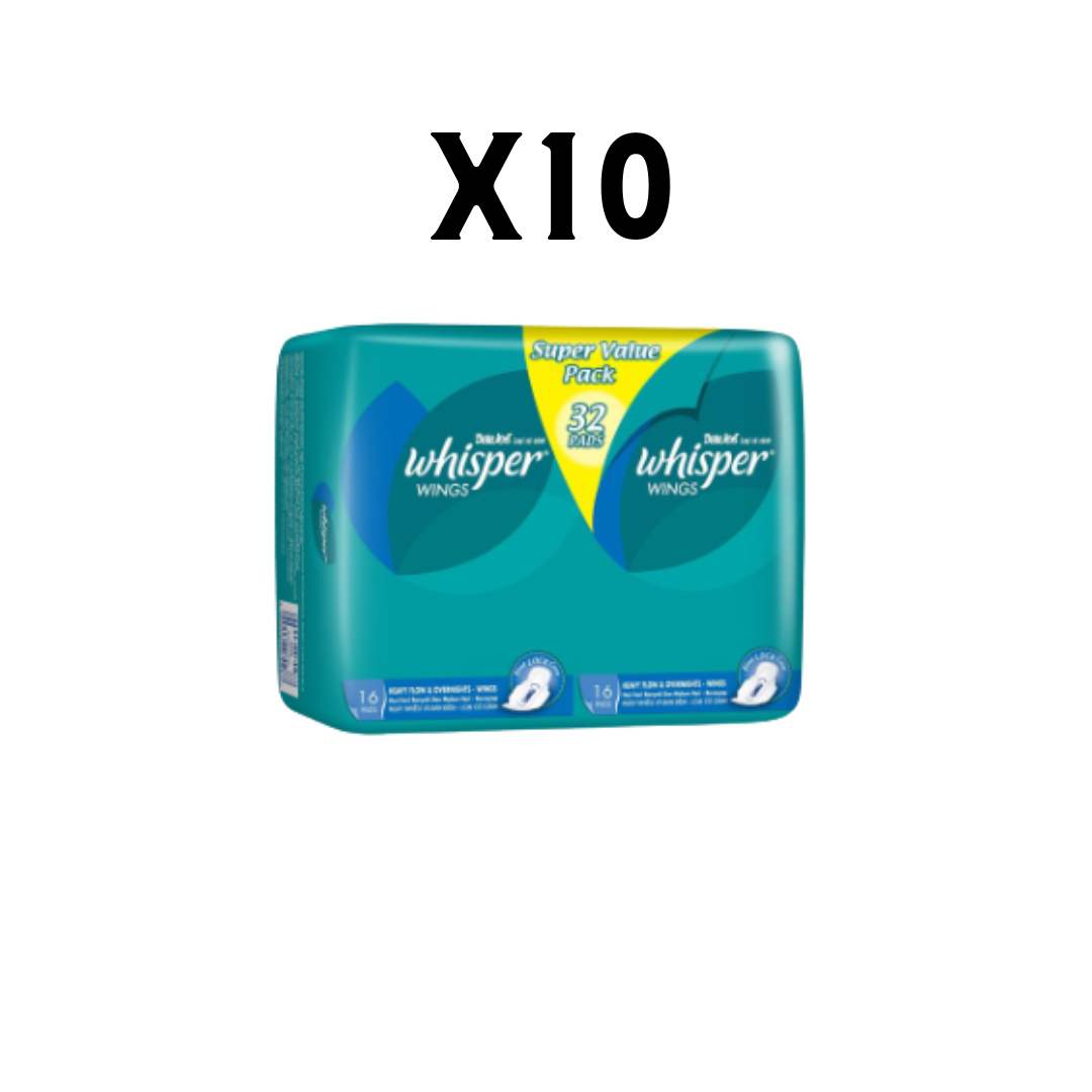 32-Whisper-Wings-Heavy-Flow-Overnight-Wings-28cm-x-32s-10-Units.png Whisper Overnight Heavy Flow Pads 28CM × 32S × 10 - Image 1